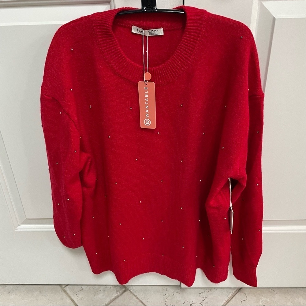 NWT DEX Cherry Red Super Soft Silver Ball Embellished Pullover Crew Neck Sweater
